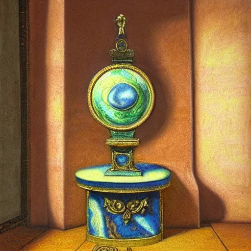 Prompt: still life renaissance pastel painting of a room with a marbled pedestal displaying an ancient holy artifact medallion, chromed and ornate with gentle iridescent shine from within. perspective from the side. realistic light and shadows. moody final fantasy art