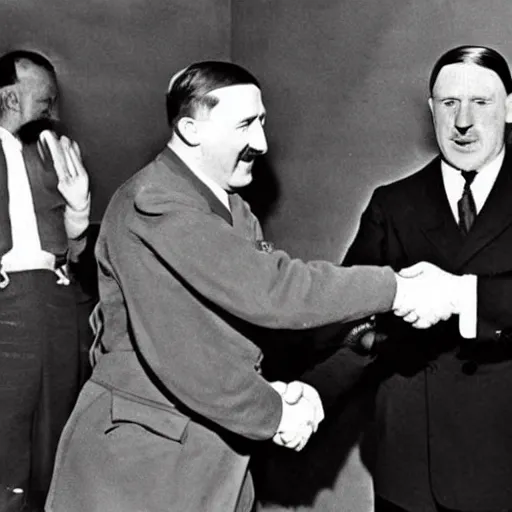 Image similar to adolf hitler shaking hands with shrek at the peace meetings, 1 9 4 0, recolored, vintage