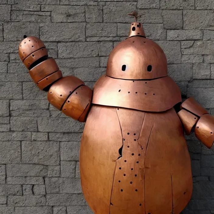 Image similar to a medieval baymax made out of wood and copper