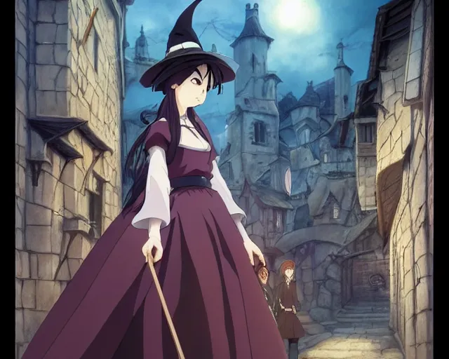 Image similar to ( ( majo no tabitabi ) ), key anime visual portrait of a young female witch walking through a busy medieval village, dynamic pose, dynamic perspective, cinematic, dramatic lighting, detailed silhouette, anime proportions, perfect anime, yoh yoshinari, ( murata range )