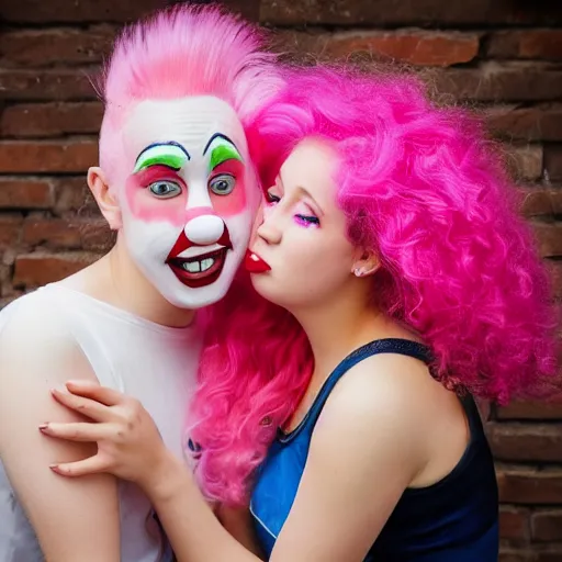 Prompt: teenager with pink hair kissing a clown girl