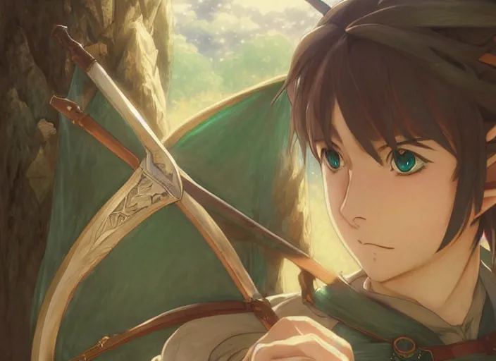 Image similar to cinematic full anime portrait of link from zelda resting with his bow at his tent. intricate, elegant, highly detailed, digital art, artstation, concept art, smooth, sharp focus, illustration, by stanley artgerm, greg rutkowski, studio ghibli, alphonse mucha, norman rockwell 8 k