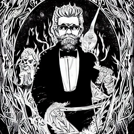Image similar to black and white pen and ink!!!! Twin Peaks Black Lodge goetic vampire Colonel Sanders handsome beard golden!!!! Vagabond!!!! floating magic swordsman!!!! glides through a beautiful!!!!!!! liquid magic floral crystal battlefield dramatic esoteric!!!!!! pen and ink!!!!! illustrated in high detail!!!!!!!! by Moebius and Hiroya Oku!!!!!!!!! graphic novel published on 2049 award winning!!!! full body portrait!!!!! action exposition manga panel black and white Shonen Jump issue by David Lynch eraserhead and beautiful line art Hirohiko Araki!!