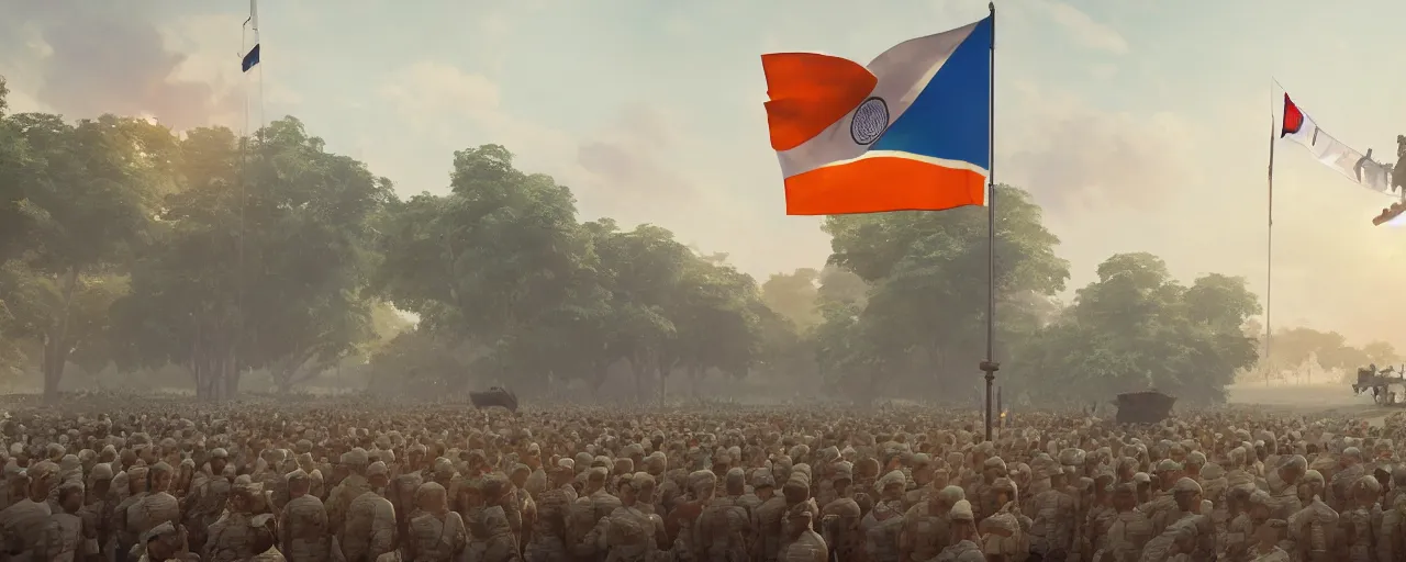 Image similar to indian soldiers hoisting the indian flag on independence day, 8 k uhd, unreal engine, octane render in the artstyle of finnian macmanus, john park and greg rutkowski