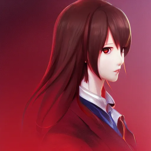 Image similar to kurisu makise, elegant, ultra highly detailed, digital painting, smooth, sharp focus, artstation, top-down shot, red background, art by Ina Wong