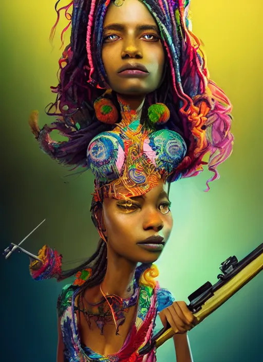 Image similar to an anthropomorphic beautiful goddess female wizard portrait holding rifle wearing colourful robe, colourful dreadlock breed hair, fine art, award winning, intricate, elegant, sharp focus, octane render, hyperrealistic, cinematic lighting, highly detailed, digital painting, 8 k concept art, art by jamie hewlett masterpiece, trending on artstation, 8 k