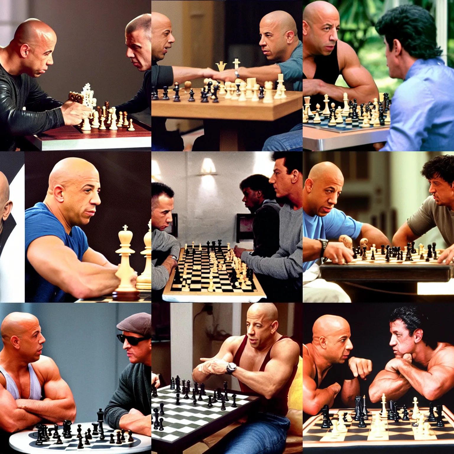 Prompt: Vin Diesel playing chess versus Sylvester Stallone