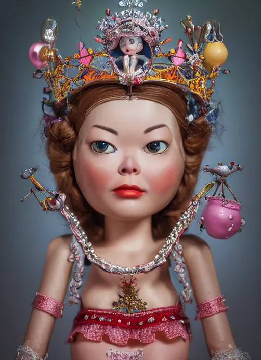 Image similar to closeup face profile portrait of tin toy bjork as a fairytale princess wearing a crown eating cakes, bikini, depth of field, zeiss lens, detailed, symmetrical, centered, fashion photoshoot, by nicoletta ceccoli, mark ryden, lostfish, breathtaking, 8 k resolution, extremely detailed, beautiful, establishing shot, artistic, hyperrealistic, octane render