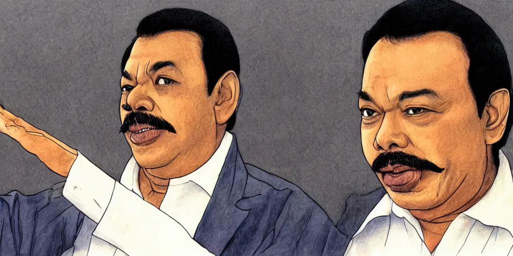 Image similar to mahinda rajapaksa, drawn by hayao miyazaki, rule of thirds composition