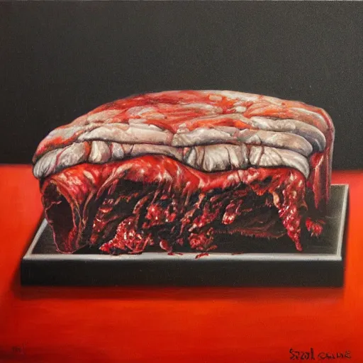 Prompt: dark oil painting of couch with meat spilling out of it, cut in half, surreal