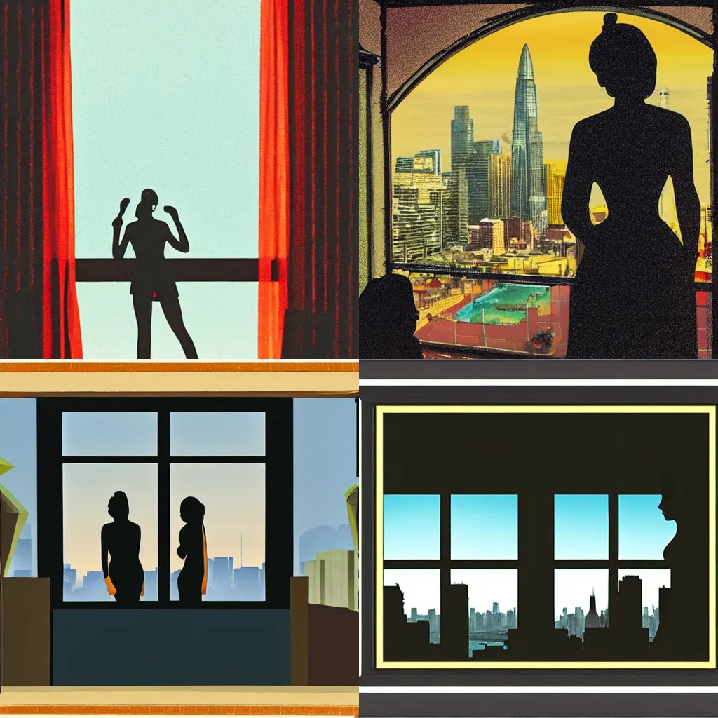 Prompt: View from window on megapolis, silhouette of women who watches to the window, pulp fiction