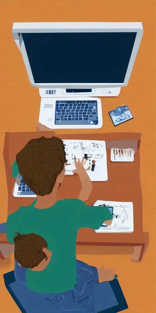 Image similar to illustration, a child sitting in front of a computer learning to program.