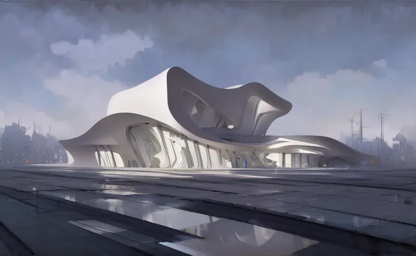 Prompt: painting of a wide angle exterior shot of a white modern architecture with cinematic lighting by zaha hadid and renzo piano, darek zabrocki and greg ruthkowski, alphonse mucha, simon stalenhag and cinematic and blue cold atmospheric, archillect concept art, artstation, trending on artstation