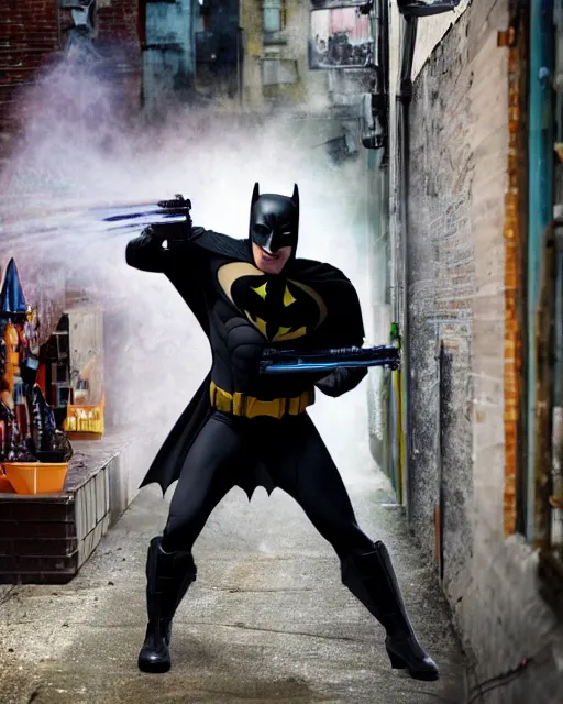 Prompt: happy batman firing supersoaker at happy criminals in an alleyway, product advertisement, photograph