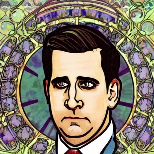 Prompt: a detailed animated portrait of Michael Scott from The office, wearing pijamas, by Alphonse Mucha