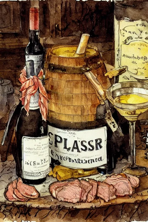 Image similar to pork, meat, schnapps, wine, candle on a barrel in a cellar, watercolor painting by anderz zorn and carl larsson