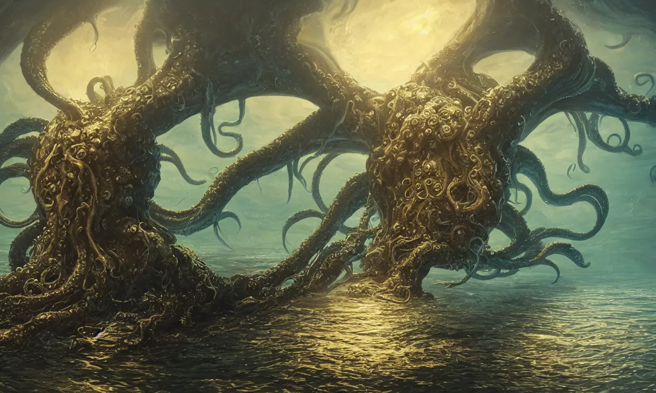 Image similar to Mysterious monster Cthulhu in the sea, huge tentacles sticking out of the water, oil on canvas, cold colors, perfect composition, golden ratio, beautiful detailed, photorealistic, digital painting, artstation, concept art, smooth, sharp focus, illustration, cyberpunk background, artstation trending, octane render, unreal engine