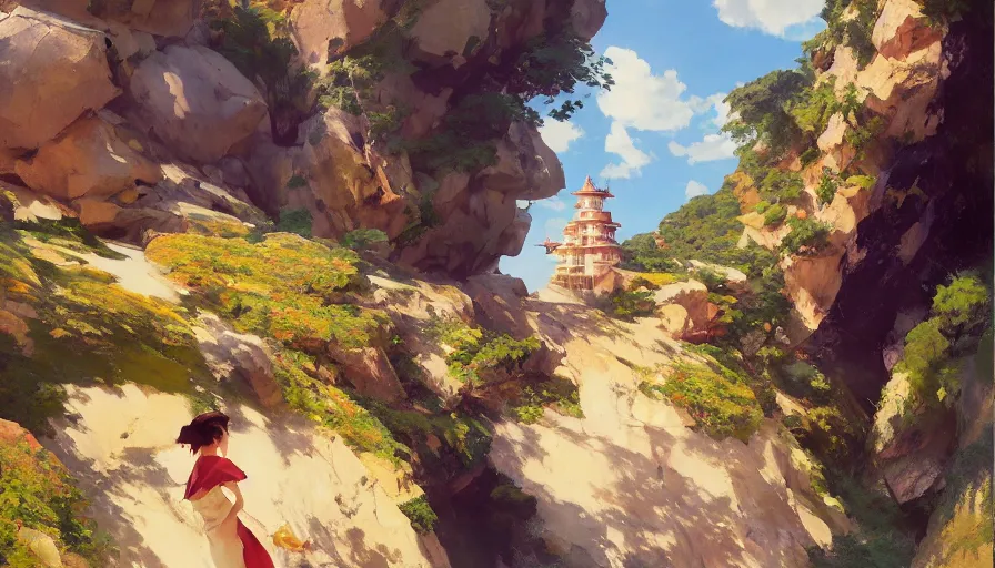 Image similar to MAGIC WIERD Royal CRYSTAL castle built OVER CLIFF, hyperdetailed, artstation, cgsociety,by studio ghibli painting,by Joaquin Sorolla rhads Leyendecker, by Ohara Koson and Thomas, 8k