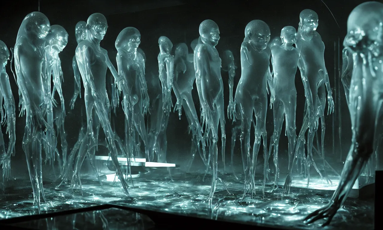 Prompt: wet translucent aliens with gills making autopsy of human in dark alien spaceship laboratory, with electric arc devices, lightnings, dramatic shadows cast on dirty ground, showcases full of embryos, soft smoke, volumetric lighting, subsurface scattering, dramatic lighting, high detail, from new scifi by digital domain and weta digital, strong ambient occlusion, matrix movie color grading