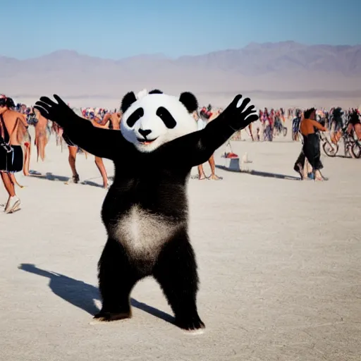 Prompt: a panda dancing on a busy playa at burning man