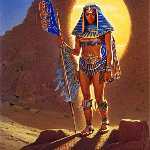 Prompt: egyptian woman tan skin in armor, priestess, robert mccall, by donato giancola by bruce pennington, digital art, ambient lighting