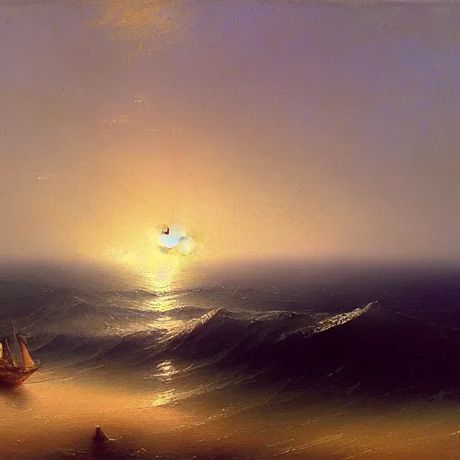 Prompt: a painting of a sailboat in the ocean by ivan aivazovsky, deviantart, american scene painting, matte painting, oil on canvas, deviantart