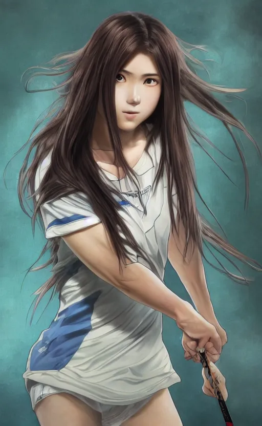 Image similar to badminton player, trading card front, anime style, long hair, hair down, symmetrical facial features, hanebado, hyper realistic, pale skin, 4 k, rule of thirds, extreme detail, detailed drawing, trending artstation, hd, fantasy, d & d, realistic lighting, by alphonse mucha, greg rutkowski, sharp focus, backlit