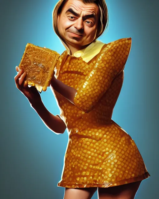 Prompt: beautiful mr bean as honey, made of honey, wearing honey - themed miniskirt, award winning creature portrait photography, extremely detailed, artstation, 8 k, sensual lighting, incredible art, wlop, artgerm, backlit, rim lighting, hi - fructose