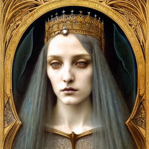 Image similar to detailed realistic beautiful young medieval queen face portrait by jean delville, tom bagshaw, brooke shaden, gustave dore and marco mazzoni, art nouveau, symbolist, visionary, gothic, pre - raphaelite, ornate gilded medieval icon, surreality, ethereal, unearthly, haunting, celestial, neo - gothic, ghostly, memento mori, eerie