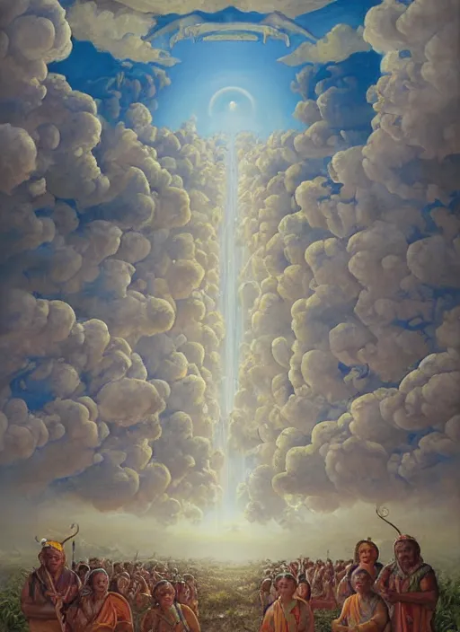 Prompt: faces of indigenous amazonian grandfathers and grandmothers spirits in the clouds, smiling, protection, benevolence, ancestors, detailed faces, hindouist painting, religious painting, art by christophe vacher