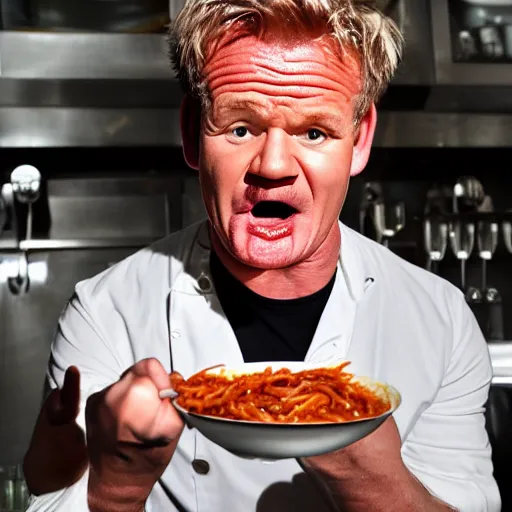 Image similar to < photo hd trending > gordon ramsey literally foaming at the mouth with hunger after seeing a gigantic bowl of spaghetti < / photo >