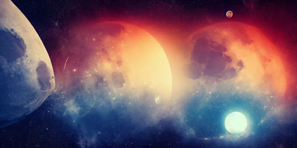 Image similar to moon setting, space, galaxy, milkyway, nebula, Mars, planets, neon, cinematic, realistic, glow, beautiful,