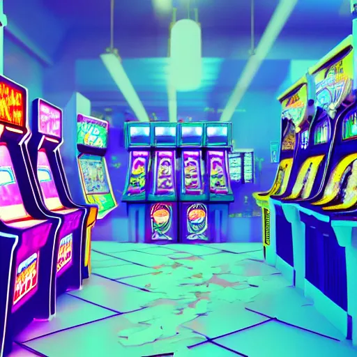 Image similar to inside an arcade, vaporwave 9 0 s dreamy empty, highly detailed, 3 d render, vray, octane, realistic lighting, photorealistic