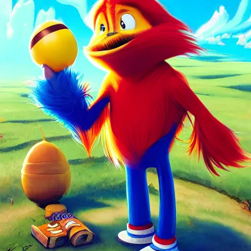 Image similar to the lorax laying on the ground helplessly clutching doctor eggman from sonic shirt. by rhads, lois van baarle, jean - baptiste monge.