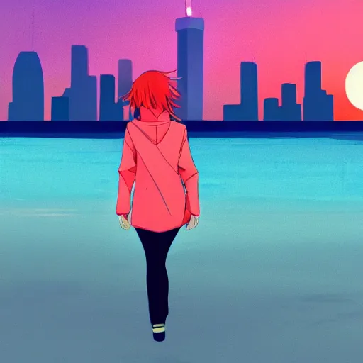 Image similar to lonely young woman with red hair, magenta coat, and light blue pants ; wandering a beach at sunset with a city skyline on the horizon, digital painting, anime inspired, warm lighting, swimming pool in foreground