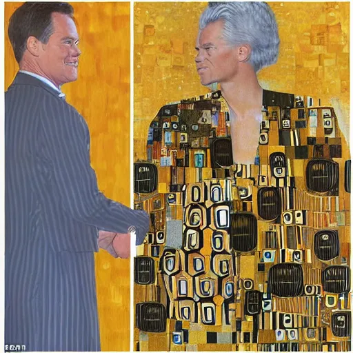 Prompt: mark rutte and geert wilders holding hands while looking at each other in the style of gustav klimt