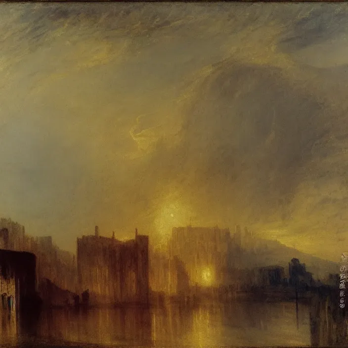 Image similar to a building in a serene landscape, by j. m. w. turner