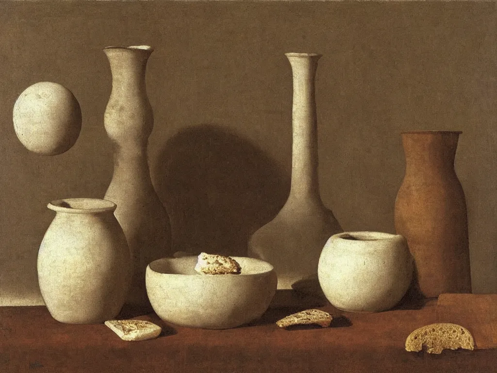 Image similar to Still life with moldy bread, fungus, white vase, ceramic pot. Painting by Zurbaran, Hammershoi, Morandi