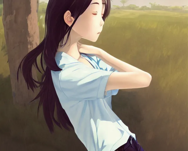 Image similar to teen looking at blue sky, wearing white shirt, back turned, looking up, illustration, by pine ( ハイネ ) and 薯 子 imoko and 香 川 悠 作 and wlop and maya takamura, highly detailed, trending artstation, pixiv, digital art