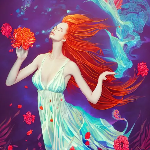 Prompt: Ginger woman in a swirling sundress of flowers, underwater, floral explosion, radiant light, vortex of plum petals, by WLOP, Tristan Eaton and artgerm, artstation, deviantart