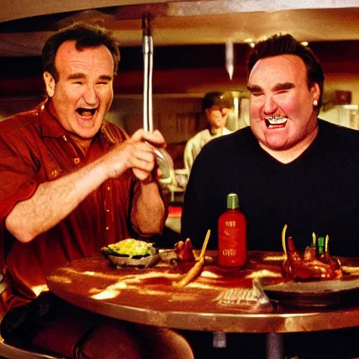Image similar to robin williams and john candy wearing bbq sauce - stained clothing, wandering through the diner labyrinth, bbq sauce flashlights, global illumination, gold dappled light, style of timesplitters