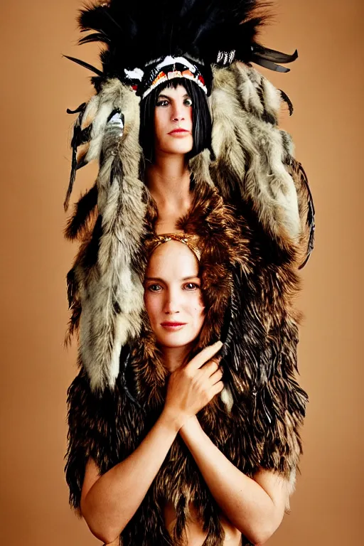 Image similar to a woman in a buffalo headdress wearing fur, cosplay, photoshoot, studio lighting, photograph by Bruce Weber