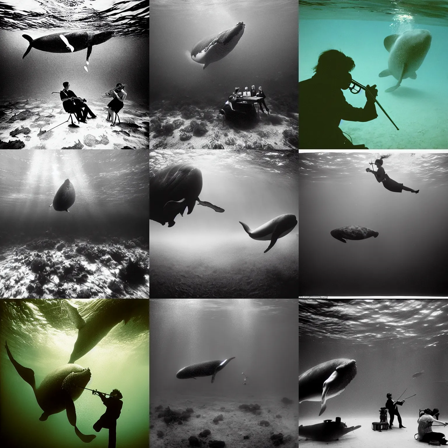 Prompt: Underwater concerto with violinists and whales by Trent Parke, clean, detailed, Magnum photos