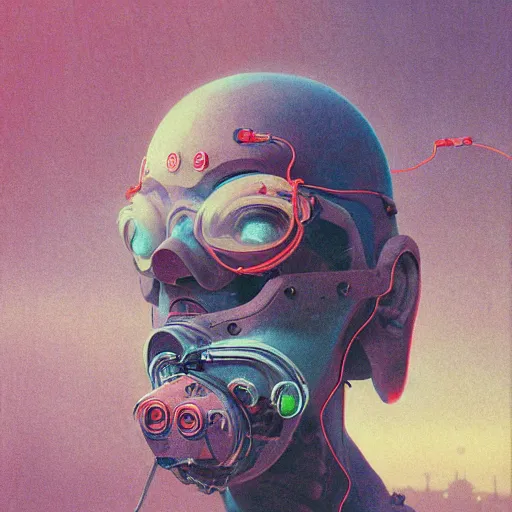 Prompt: complimentary color portrait of technical masked neon diesel punk with wires connecting their head and mask, 3 d anime, award - winning realistic sci - fi concept art by beksinski, picasso masterpiece, complimentary colors, james gilleard, bruegel, greg rutkowski, alphonse mucha, and yoshitaka amano