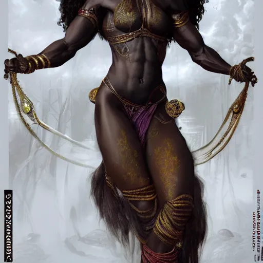 Prompt: full body painting of a black muscular south indian woman, sari, ultra realistic, concept art, intricate details, eerie, horror, highly detailed, photorealistic, octane render, 8 k, unreal engine. art by artgerm and greg rutkowski and alphonse mucha