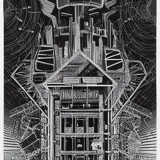 Image similar to a technical drawing of a robotic deity fused with abandoned architecture plans, highly detailed , black and white color scheme, fine lines and graphite, stanley donwood,