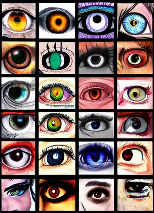 Image similar to diverse eyes!, dot pupils, vitals visualiser!!, advanced art, art styles mix, from wikipedia, grid of styles, various eye shapes
