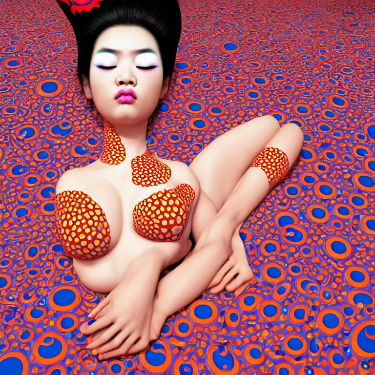 Prompt: realistic detailed image of a geisha laying down in a padded room, 8 k conjuring psychedelic background, part by yayoi kusama, part by alex gray, part by ross tran, part by james jean, ultra realistic, highly detailed, life like face, detailed body, 8 k, octane render, trending on artstation, very cohesive, masterpiece