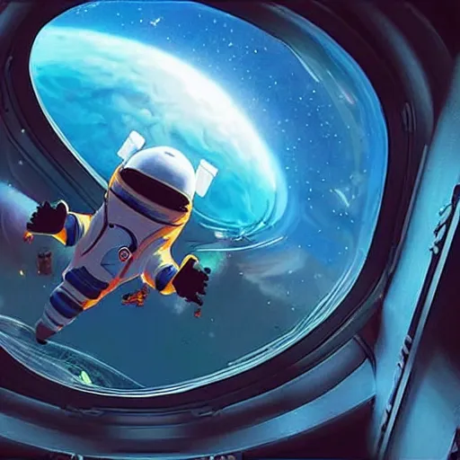 Prompt: An Indian Astronaut holding a cup of coffee seeing a Black Hole outside a window of his spaceship with the spaceship interiors being filled with vibrant colours in the style of Greg Rutkowski and Thomas Kinkade in an experimental manner