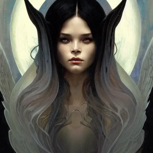 Image similar to A Symmetrical composition portrait of A beautiful!!!! angel in black flames by Ross Tran!! and alphonse mucha and greg rutkowski! and Zdzisław Beksiński!!,In style of digital art.dark Fantasy,smooth,hyper detailed,sharp focus,Soft light.4k